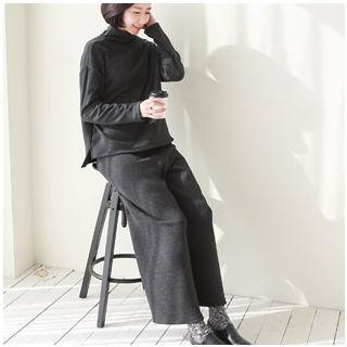 Set: Mock-neck Slit-side Top + Band-waist Wide-leg Pants