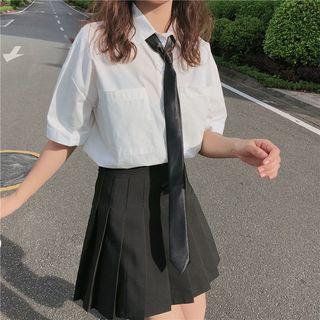 Front Pocket Short-sleeve Shirt With Belt White - One Size