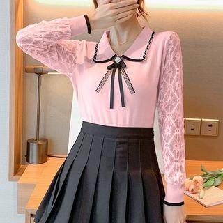 Polo-neck Floral Knit Top