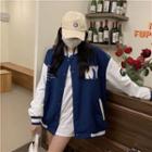 Lettering Embroidered Baseball Jacket Dark Blue & White - One Size