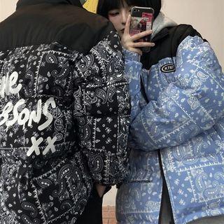 Stand Collar Paisley Print Panel Padded Jacket