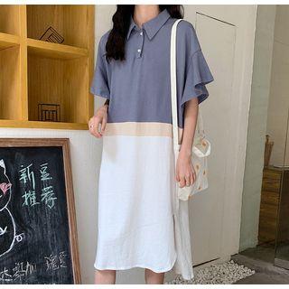 Short-sleeve Colored Panel Midi Polo Shirt Dress