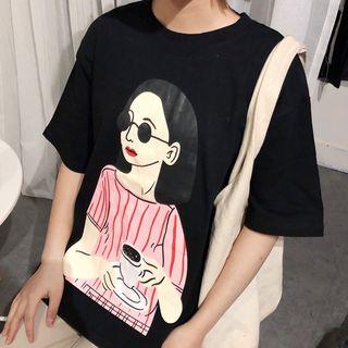 Set: Turtleneck Striped Long-sleeve T-shirt + Printed Short-sleeve T-shirt