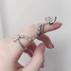 Rhinestone Chained Ring 1pc - Silver - One Size