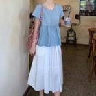 Bow Accent Short Sleeve Blouse / A-line Skirt