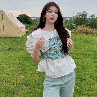 Puff-sleeve Eyelet Lace Blouse / Floral Print Camisole Top