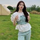 Puff-sleeve Eyelet Lace Blouse / Floral Print Camisole Top