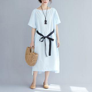 Bow Short-sleeve Midi A-line Dress Blue - One Size