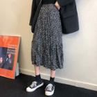 High-waist Floral Medium Long Folds A-line Skirt Black - One Size