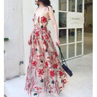 Embroidered Spaghetti Strap Maxi A-line Dress