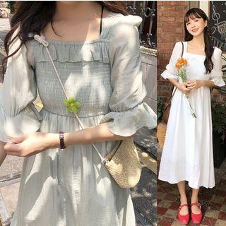 Square-neck Elbow-sleeve Midi A-line Dress