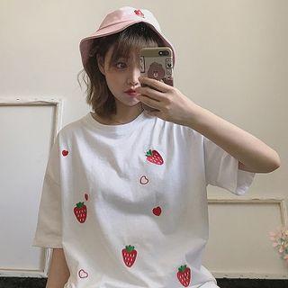 Strawberry Embroidered Elbow-sleeve T-shirt