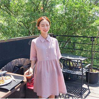 Plain Elbow-sleeve A-line Shirt Dress