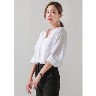 Collarless Dual-pocket Cotton Shirt