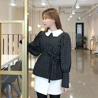 Contrast-collar Plaid Blouse With Sash