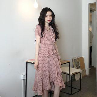 Short-sleeve Dotted Chiffon Midi Dress