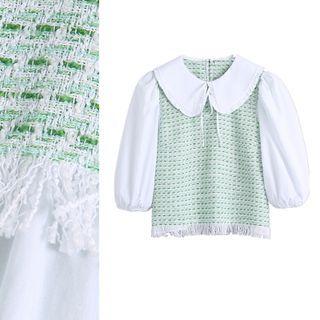 Collar Tweed Panel Elbow Sleeve Blouse