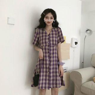Plaid Elbow-sleeve Mini A-line Dress Purple - One Size