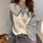 Cable Knit Knit Vest / Peter Pan Collar Plaid Long-sleeve Shirt