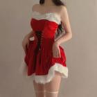Pom Pom Fluffy Trim Cape / Strapless Lace-up Mini A-line Dress / Santa Hat / Set