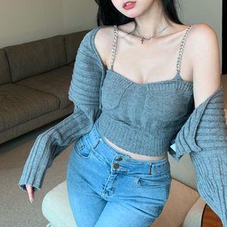 Chain Spaghetti Strap Knit Crop Top / Ribbed Crop Cape Top