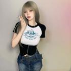 Short-sleeve Angel Print Zip Cropped T-shirt