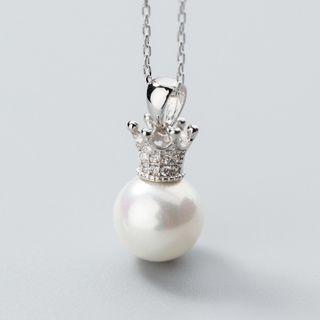 925 Sterling Silver Faux Pearl Rhinestone Crown Pendant Necklace Silver - One Size