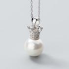 925 Sterling Silver Faux Pearl Rhinestone Crown Pendant Necklace Silver - One Size