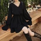 Bell-sleeve Lace Trim Tiered Mini A-line Dress