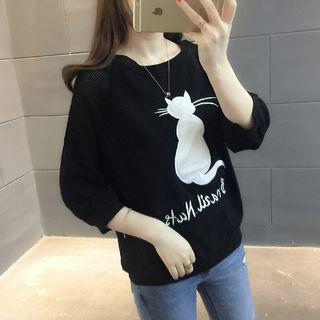 Cat Applique 3/4-sleeve Sweater