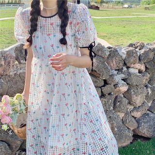 Puff-sleeve Floral Midi A-line Dress White - One Size