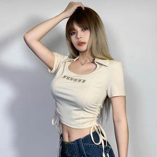 Short-sleeve Letter Embroidered Drawstring Polo Shirt