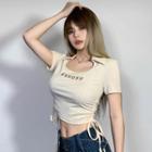 Short-sleeve Letter Embroidered Drawstring Polo Shirt