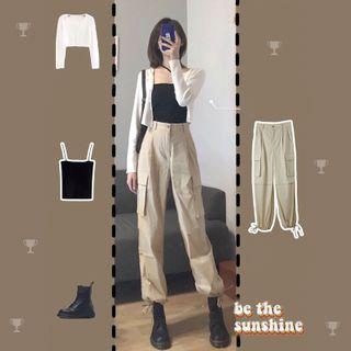 Set: Knit Camisole Top + Cropped Cardigan + Straight-cut Cargo Pants