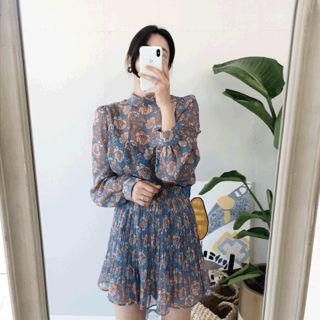 Set: Floral Print Top + Pleated Mini Skirt Sky Blue - One Size