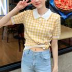 Plaid Short-sleeve Knit Top Plaid - Yellow - One Size