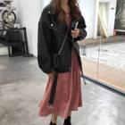 Faux Leather Biker Jacket / Floral Long-sleeve Midi Chiffon Dress
