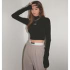 Long-sleeve Mock Neck Letter Printed Cropped Knit Top