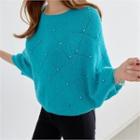 Beaded Batwing-sleeve Pointelle-knit Sweater