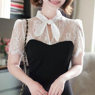 Tie-neck Lace-panel Ruffled Dress Black - One Size