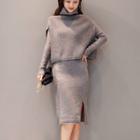 Set: Slit Long-sleeve Knit Dress + Turtleneck Vest