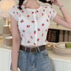 Floral Short-sleeve Cropped Cardigan White - One Size