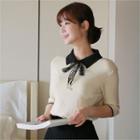 Contrast-collar Lace-trim Knit Top