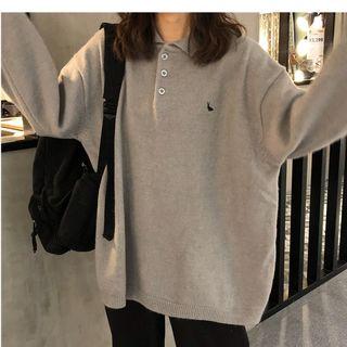 Long-sleeve Embroidered Knit Polo Shirt