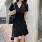 Ruched Short-sleeve Dress Black - One Size