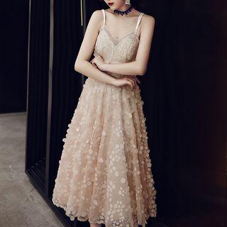 Dotted Sequined Spaghetti Strap Midi A-line Dress