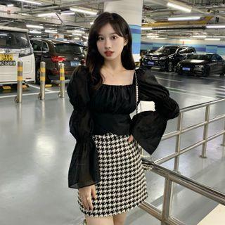 Long-sleeve Tie-back Midi A-line Dress / Cropped Blouse