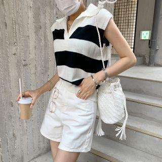 Collared Sleeveless Stripe Knit Top