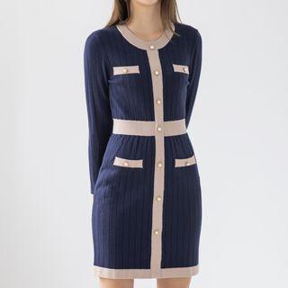 Piped Faux-pearl Rib-knit Dress