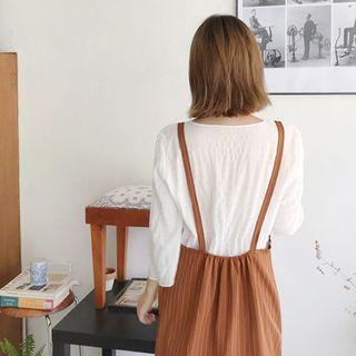 Set: Textured Top + Pinstriped Long Overall Dress Camel - One Size